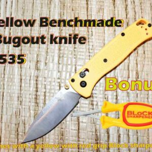 Yellow Benchmade Bugout knife with a Yellow Block sharpener.