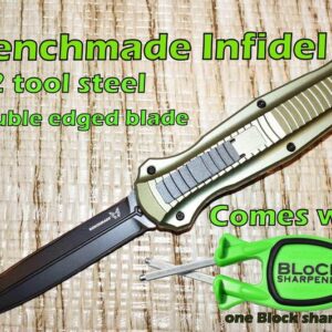 Green Benchmade Infidel Automatic Knife with a Green Block sharpener