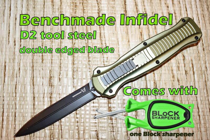 Green Benchmade Infidel Automatic Knife with a Green Block sharpener