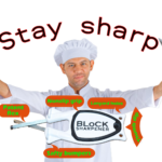 Male Chef holding knives Kitchen knife sharpener with a white Block knife sharpener