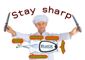 Male Chef holding knives Kitchen knife sharpener with a white Block chef knife sharpener