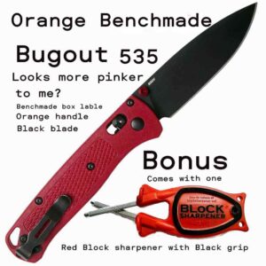 Benchmade Bugout-Orange with a red Block knife sharpener.