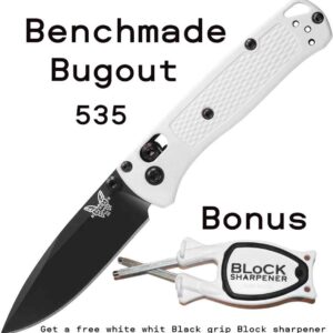 White Benchmade Bugout knife with a white and black grip Block sharpener