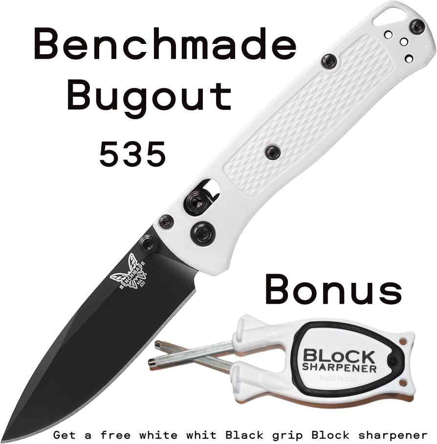 White Benchmade Bugout knife with a white and black grip Block sharpener