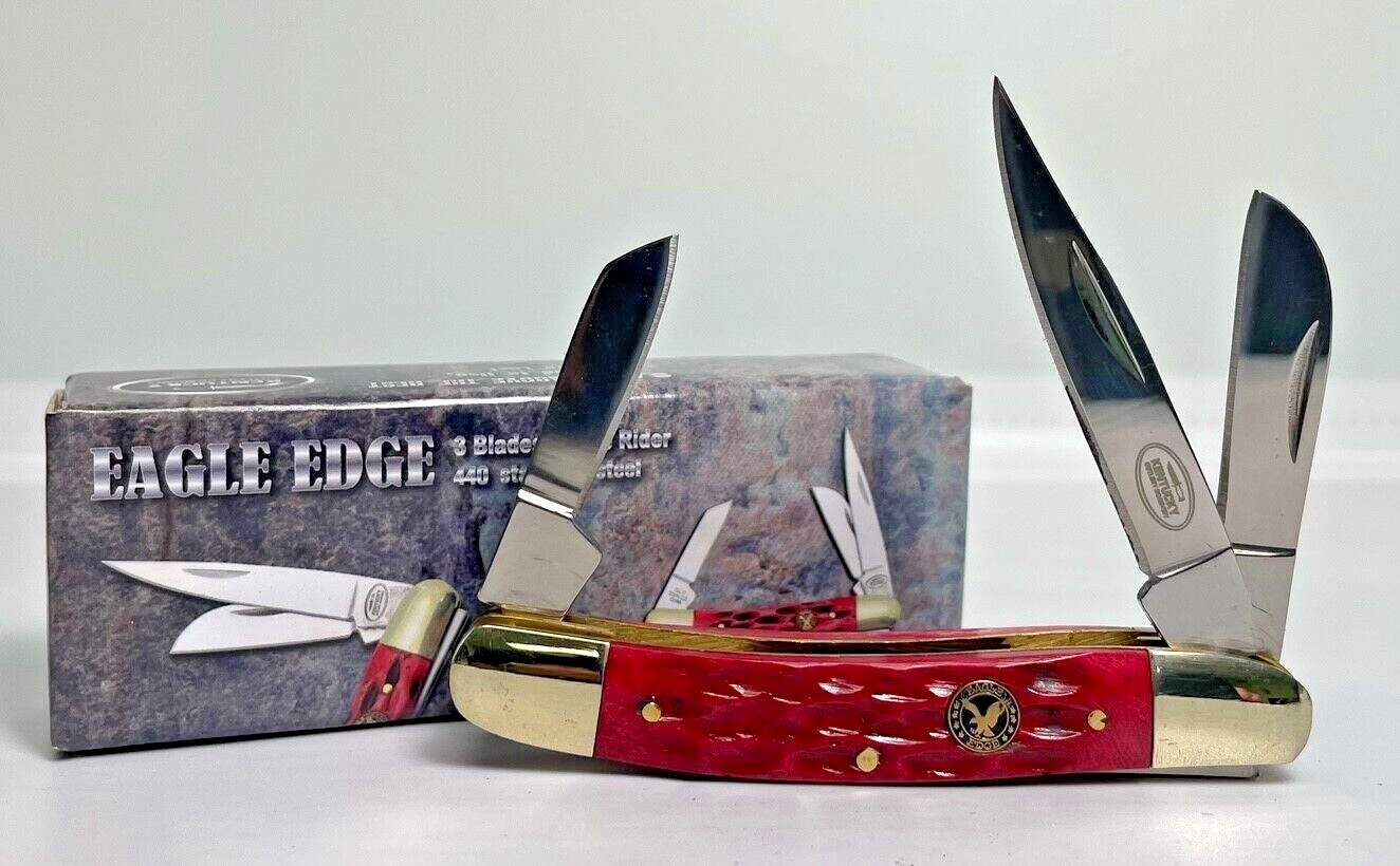 Red bone eagle edge pocket knife with 3 blades