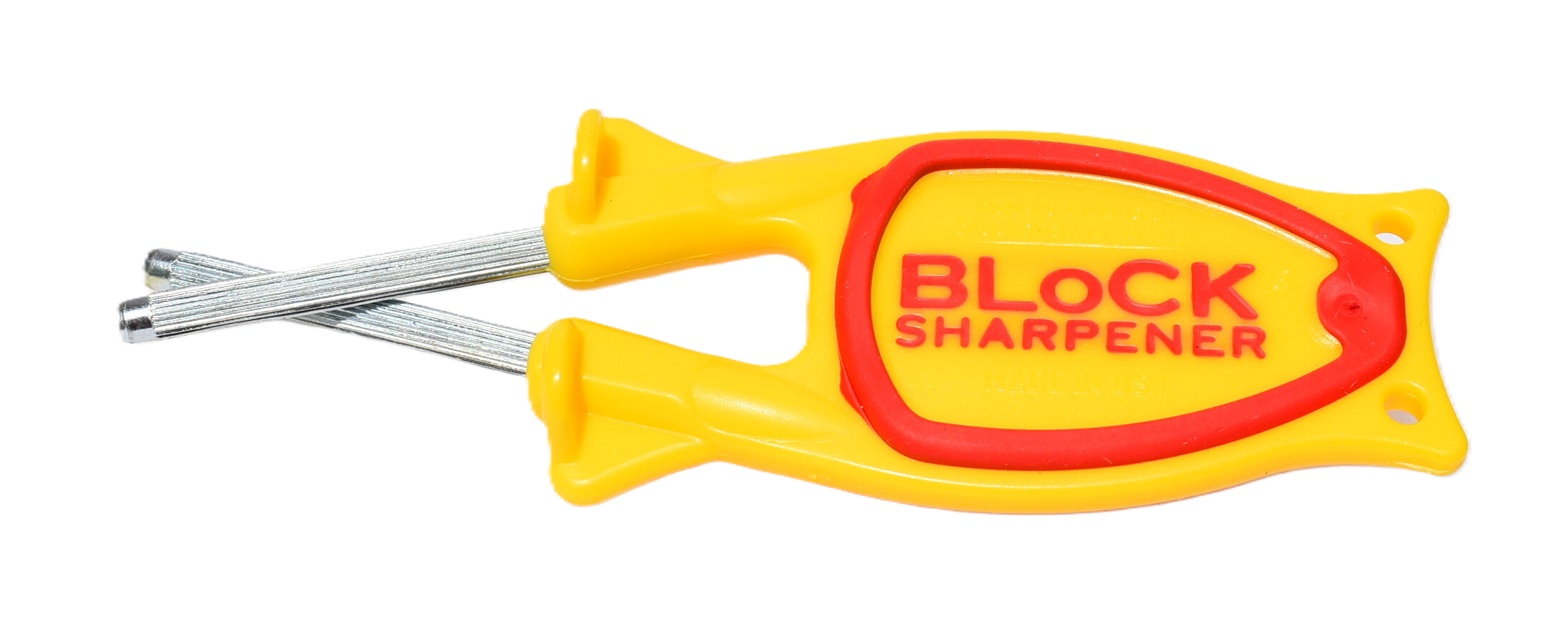 Bottom side yellow Block sharpener with red nonslip grip and two D-2 honing steels