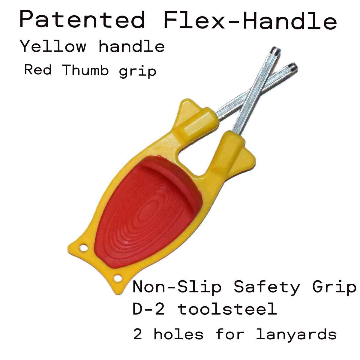 Black and yellow Block knife sharpener with a handheld honing steel, available online and featuring a patented flex handle.
