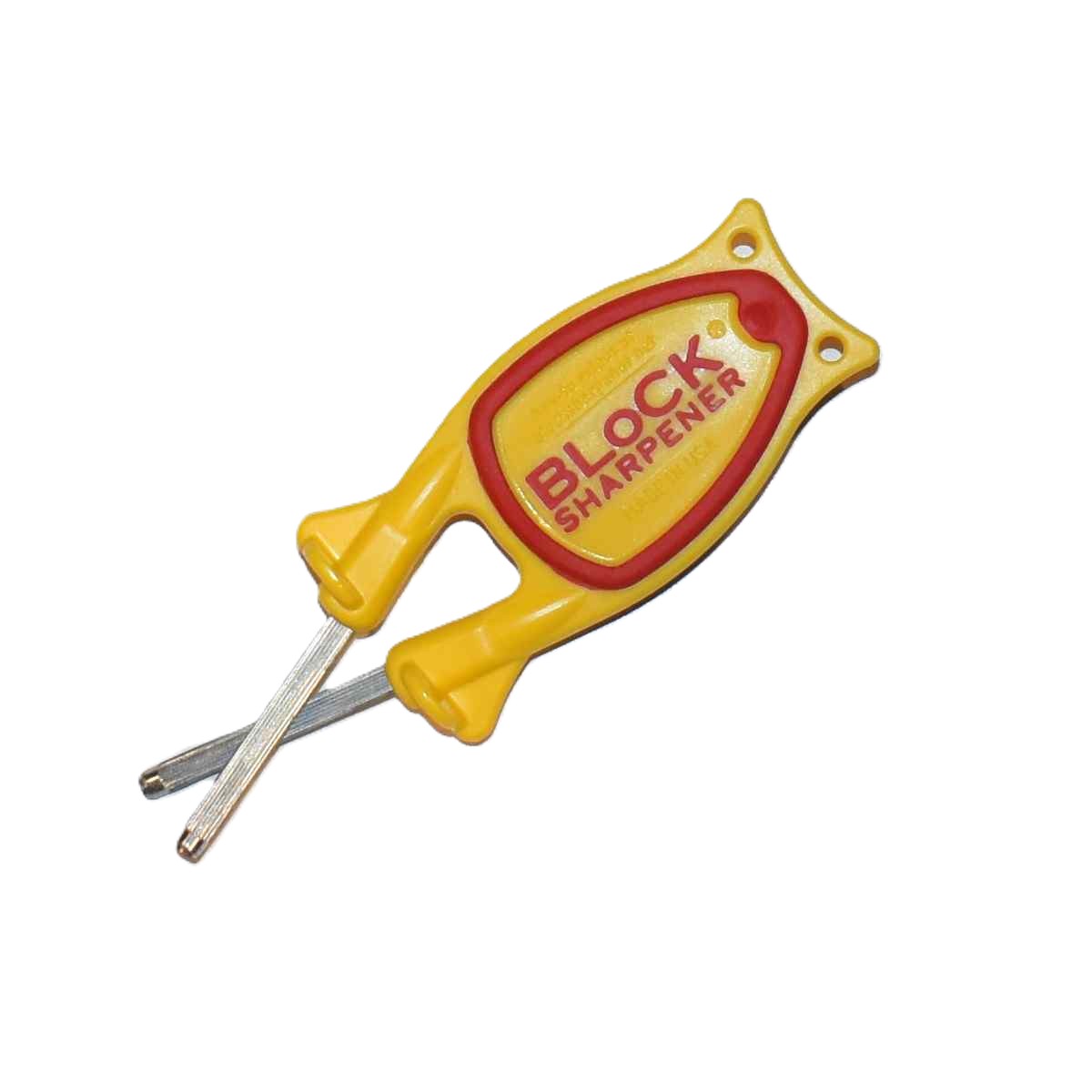 Bottom side of a yellow with red grip Block sharpener