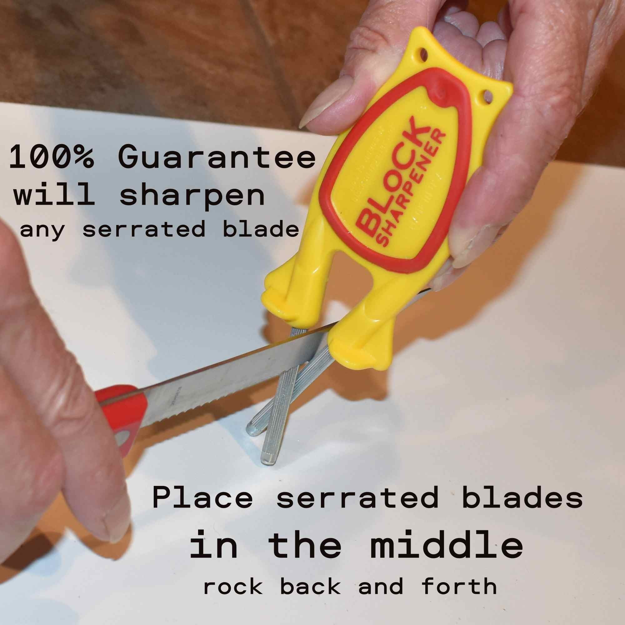 Using a block sharpener to sharpen a serrated steak knife.