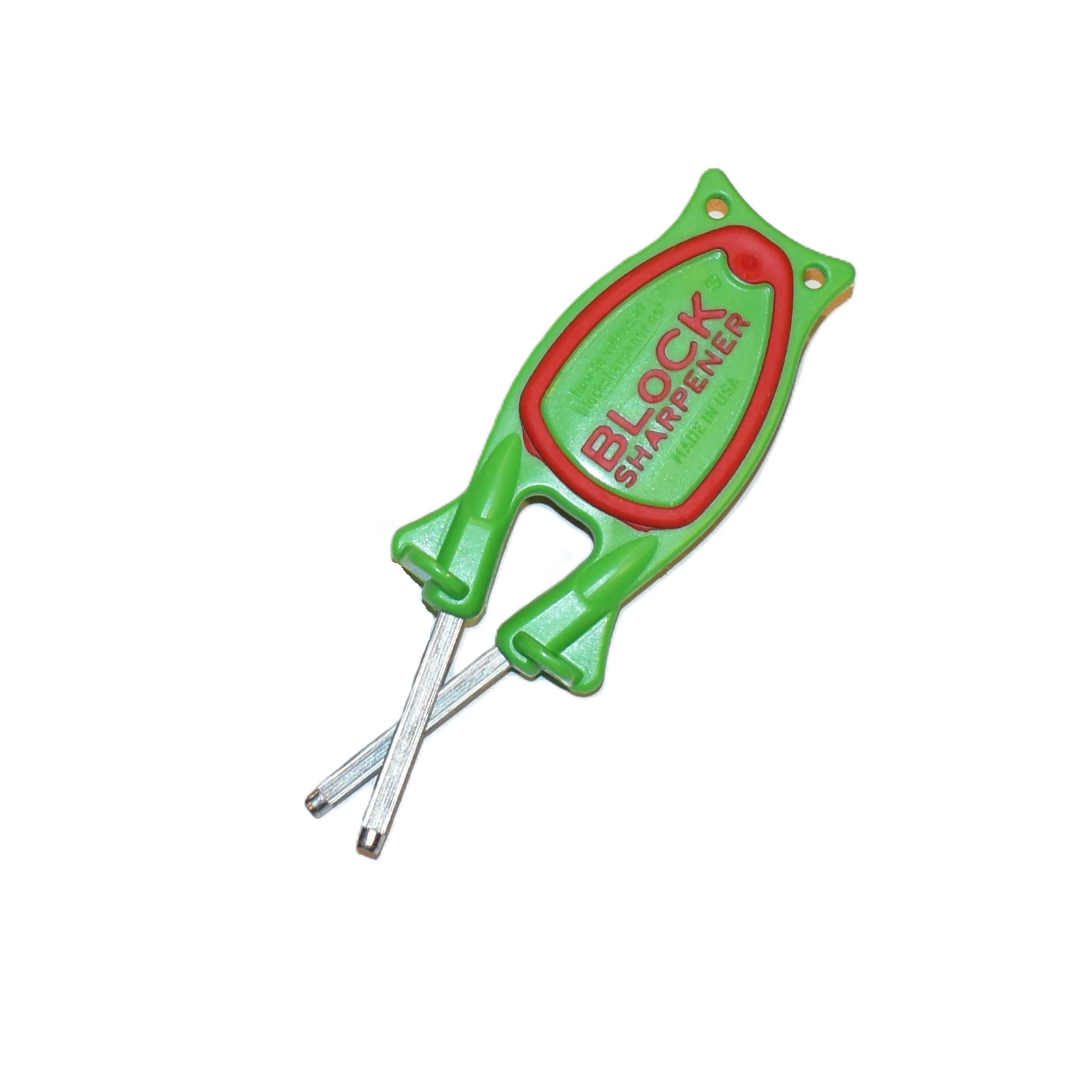 Bottom side of a green with red grip Block sharpener