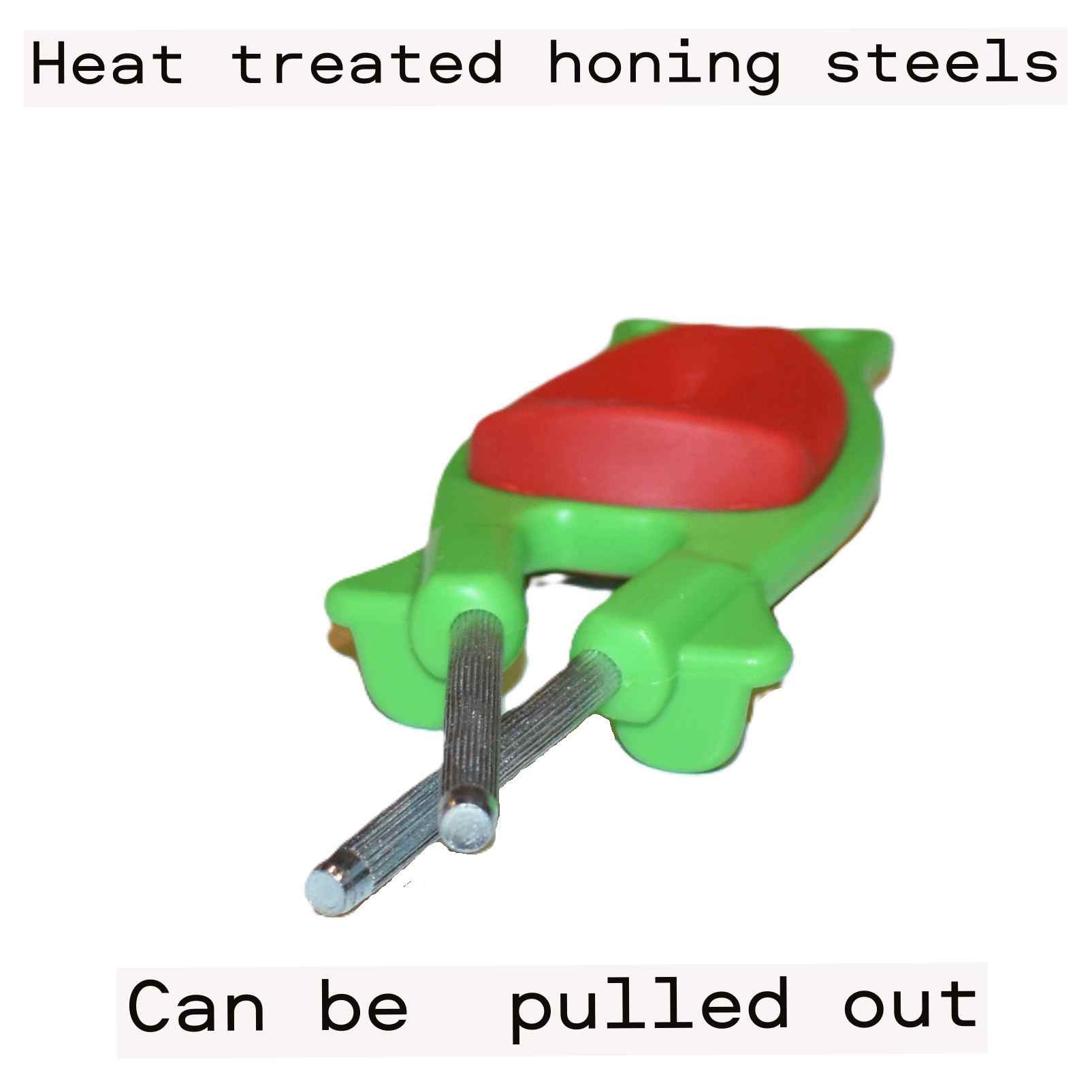 Close up of the heat-treated steel rods on a green Block sharpener.