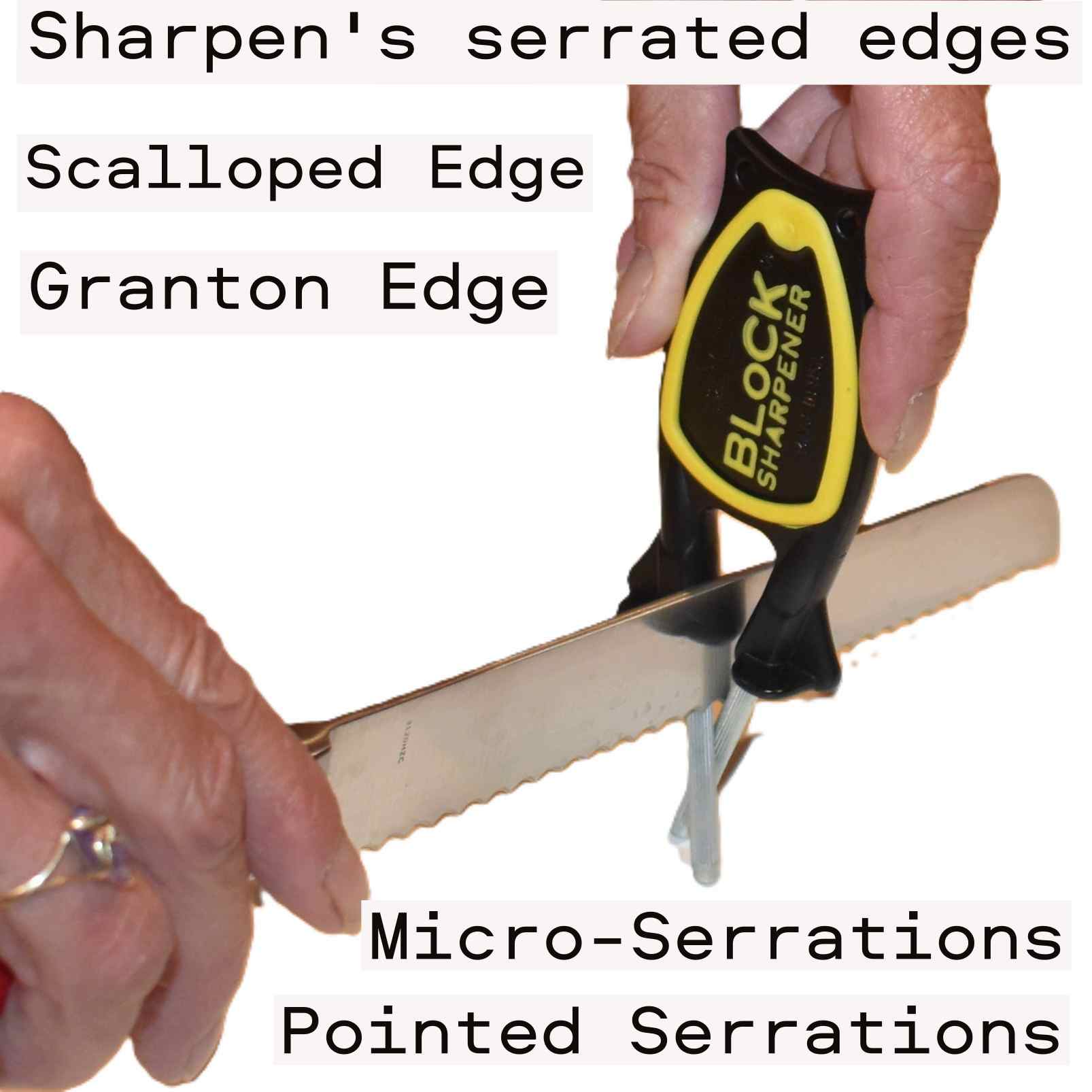 Handheld manual knife sharpener showing how the flexible rods adjust to sharpen serrated blades and scissors.