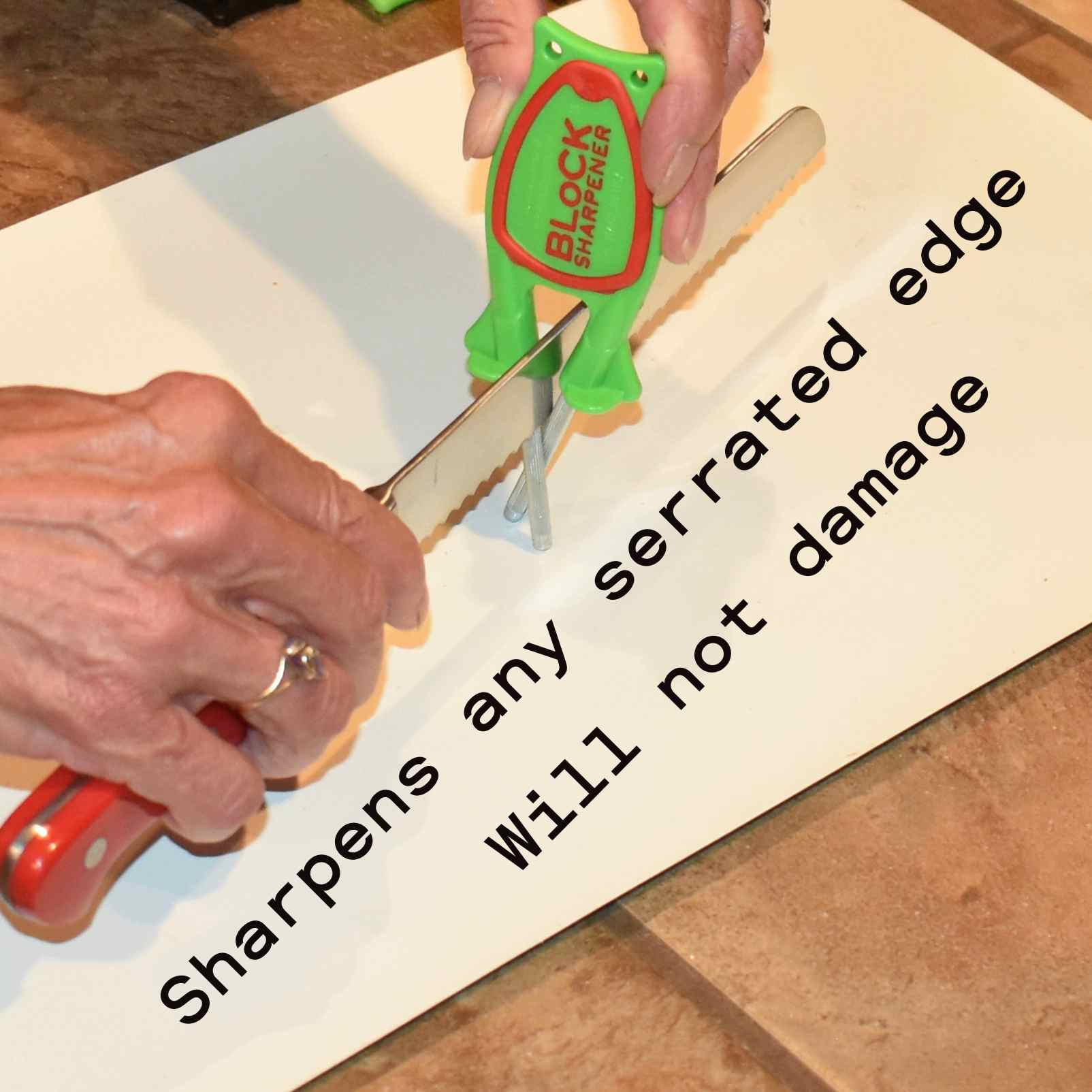 Green Block Knife Sharpener on a kitchen counter acting as a portable honing rod alternative.