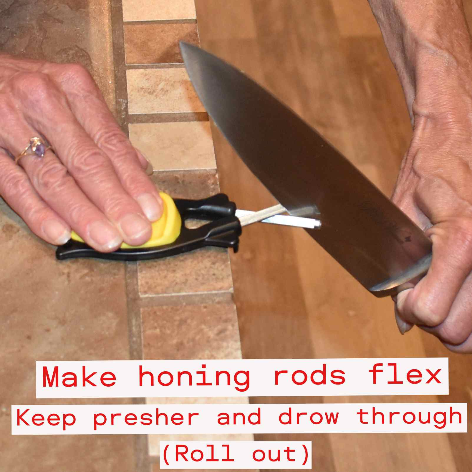 Yellow Block Sharpener being used as a kitchen knife sharpener to hone a professional chef knife.
