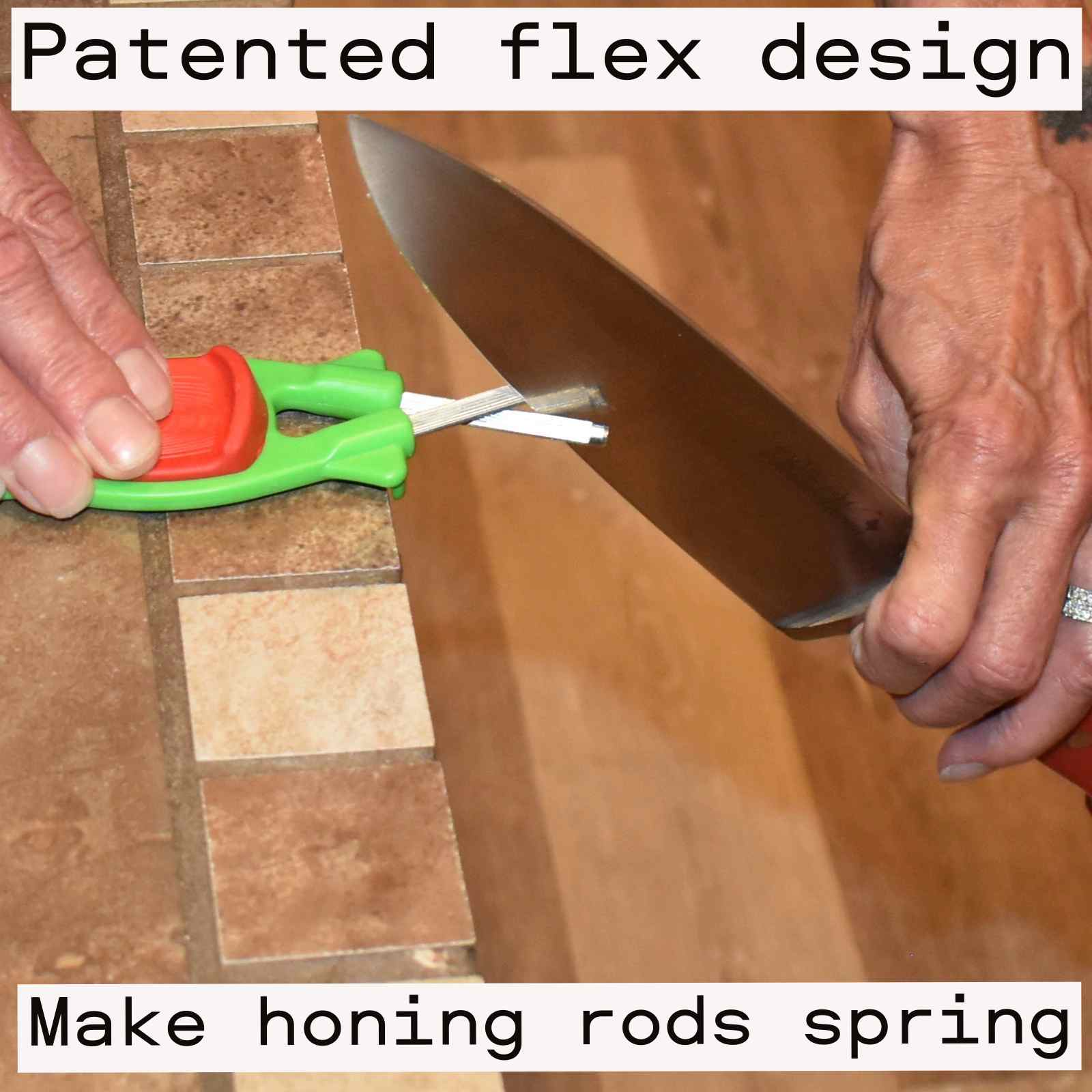 Block sharpener restoring the edge on a professional kitchen chef knife.