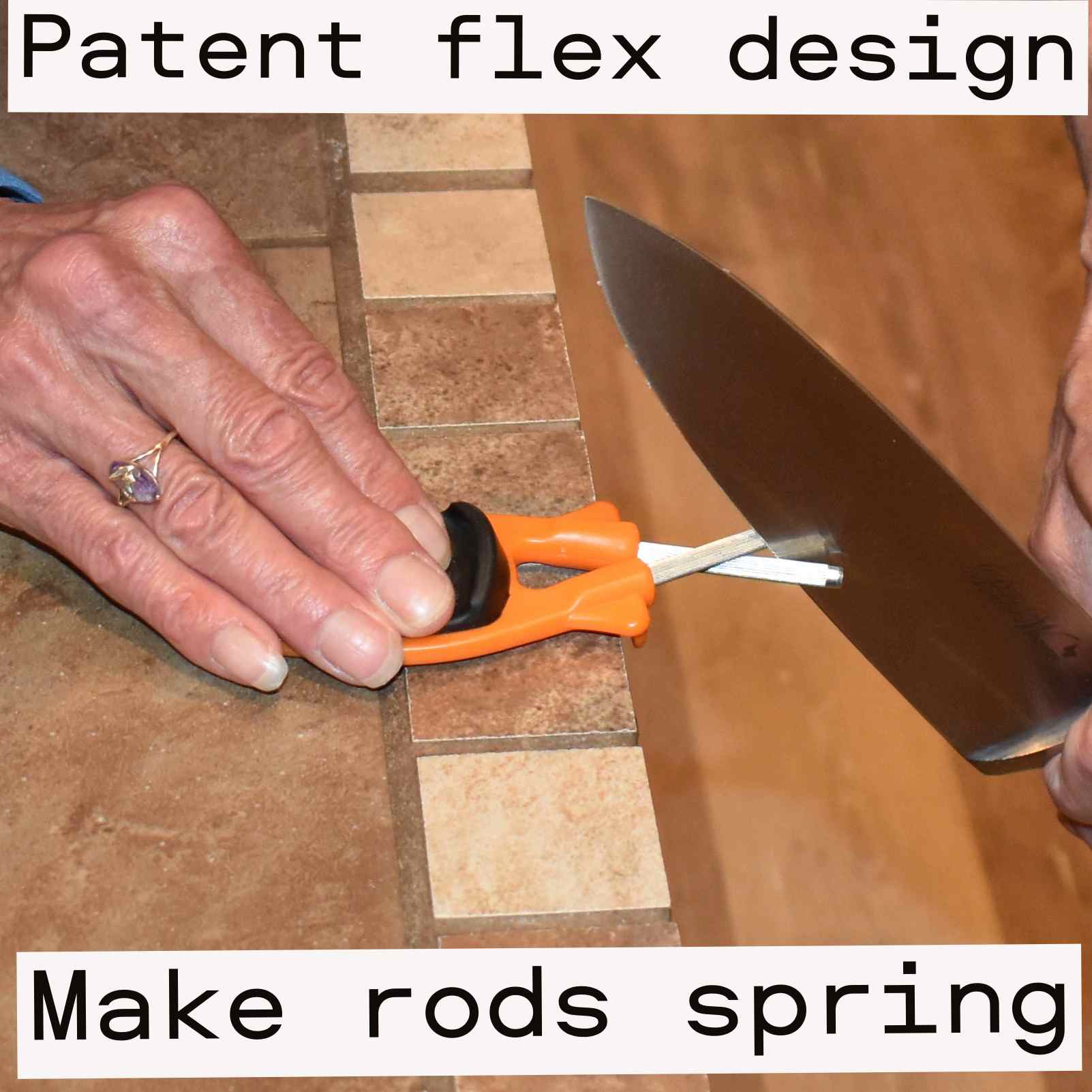 Sharpening a tactical hunting knife using the orange Block Sharpener handheld tool.