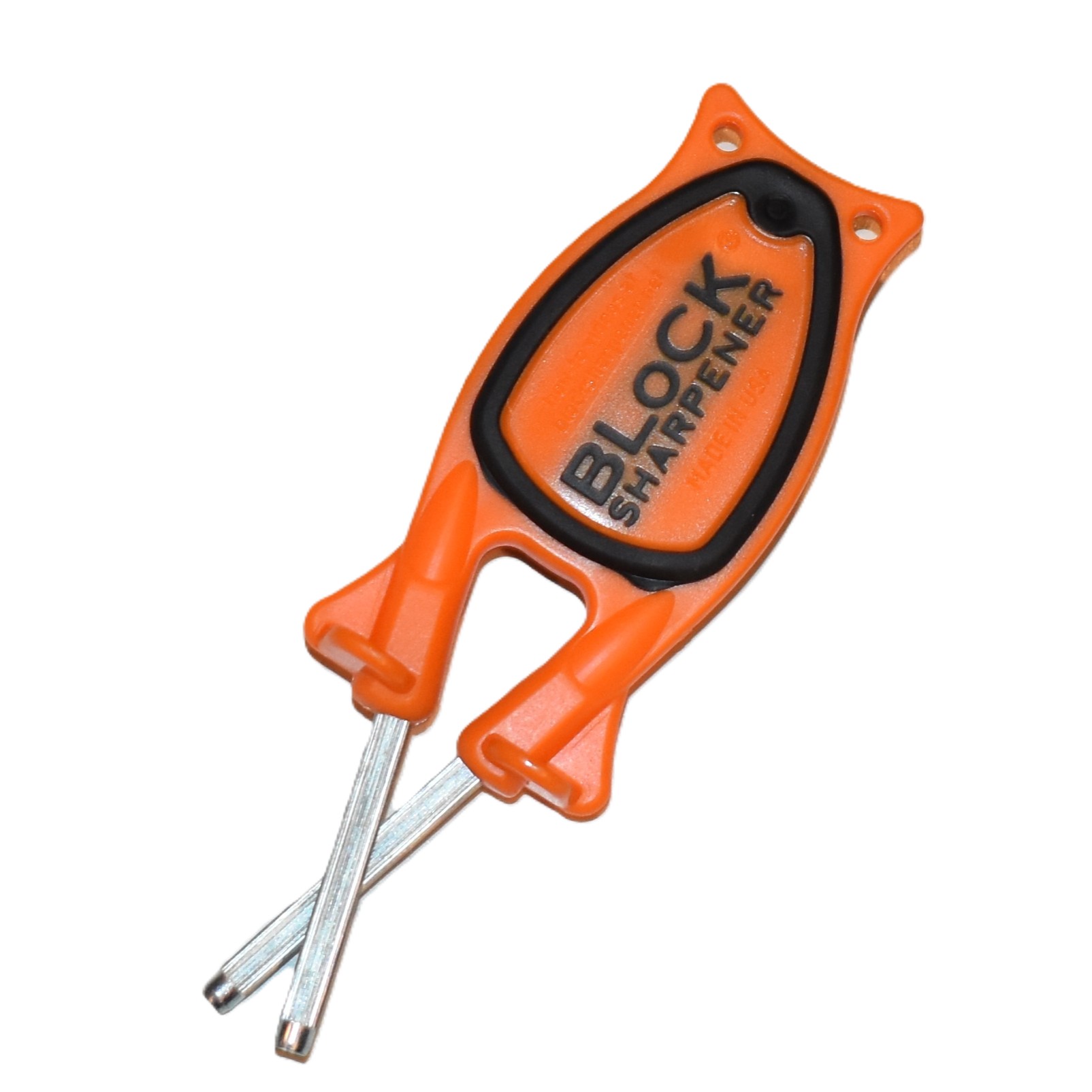 Orange Block Sharpener handheld knife sharpener with black non-slip grip and crossed sharpening steels.