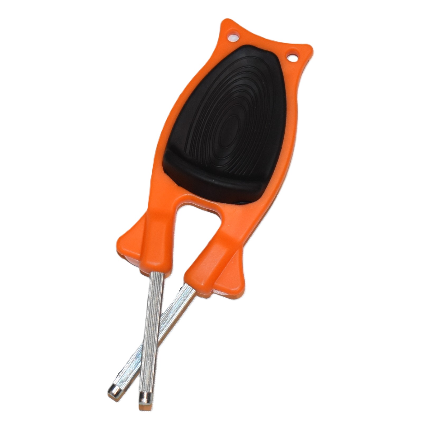 Hunter Orange with Black nonslip thumb grip on a Block Hunting knife sharpener.