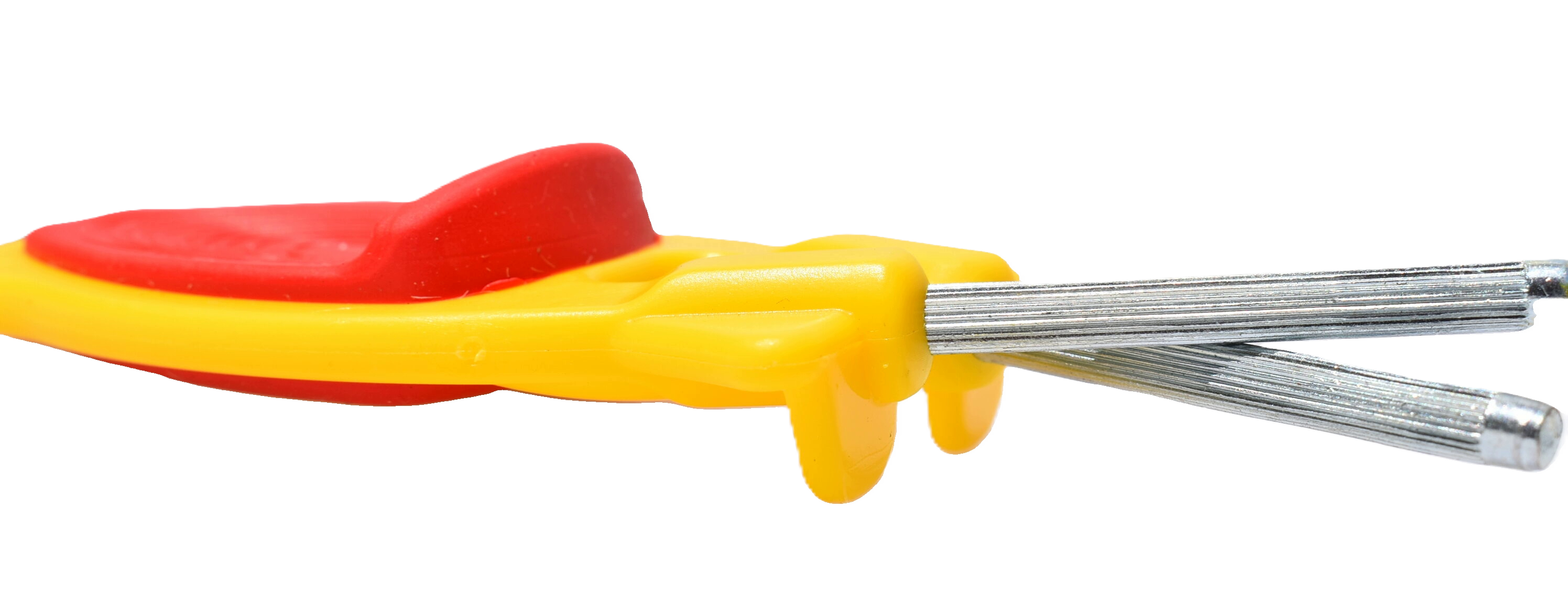 Side view yellow block sharpener with red nonslip grip and two D-2 honing steels