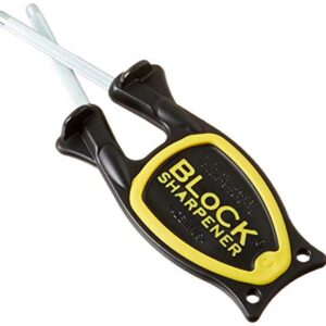 Handheld black and yellow Block knife sharpener for professional chef knives and kitchen cutlery, showing the patented non-slip handle grip on a clean neutral background.
