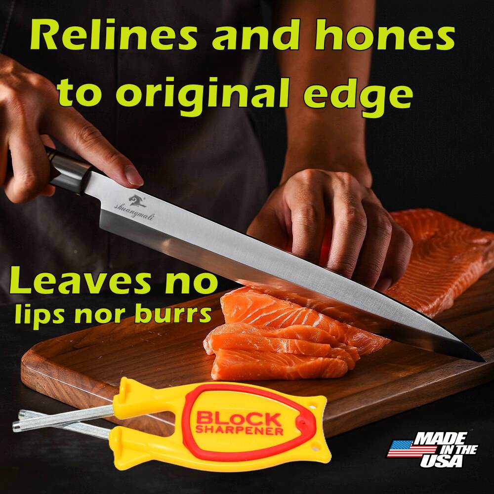 Handheld kitchen knife sharpener restoring a professional chef's knife.