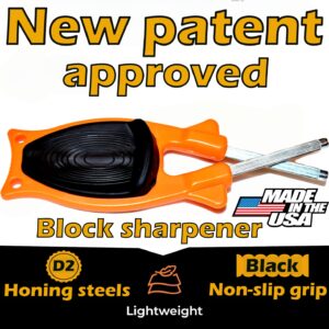 Professional portable hunting knife sharpener in blaze orange with black non-slip grip - front view