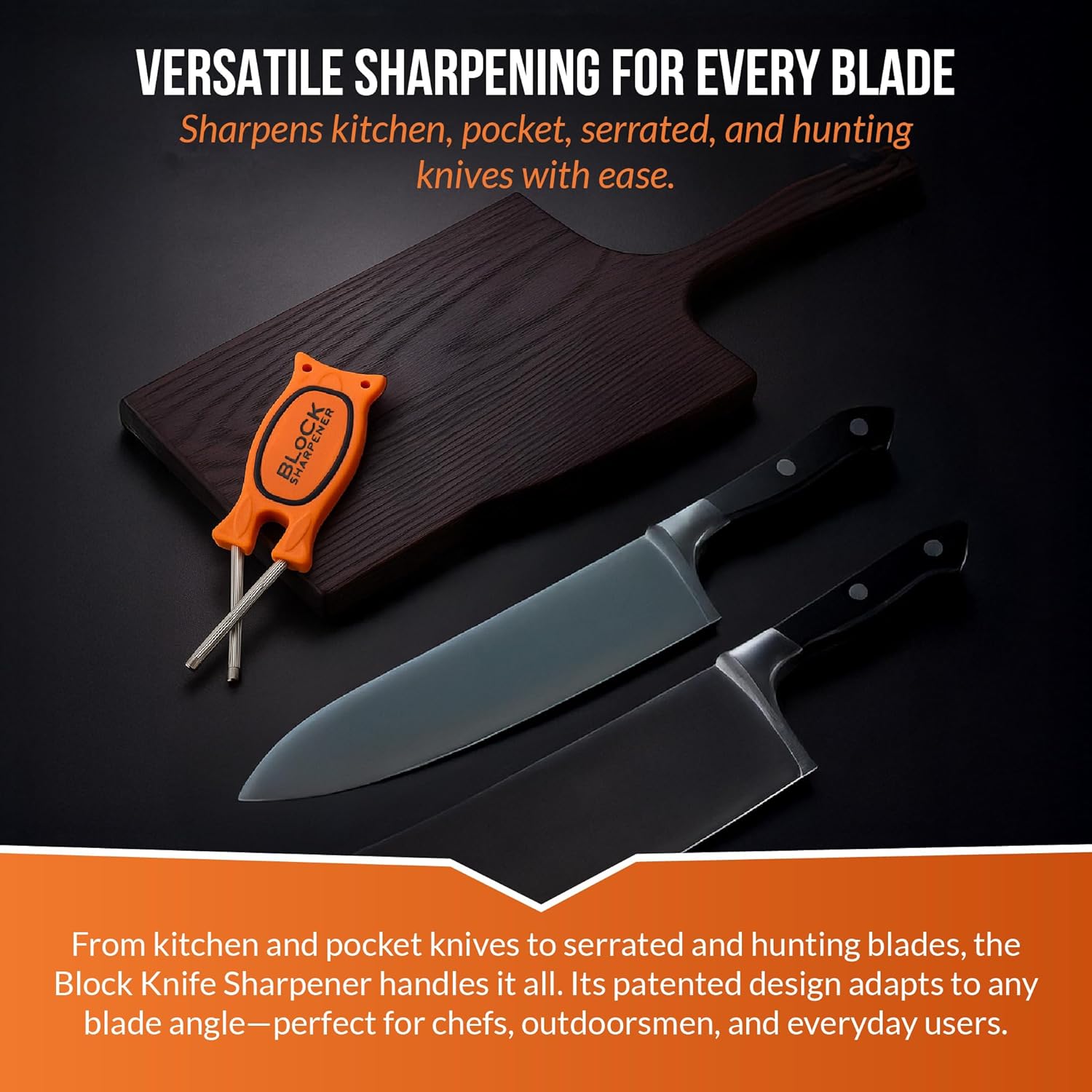 Blaze orange hunting knife sharpener stored in a hunting pack for high-visibility
