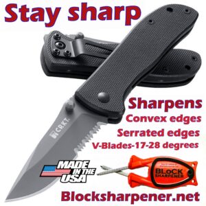crit pocketknife with serrated edge and a red Block sharpener