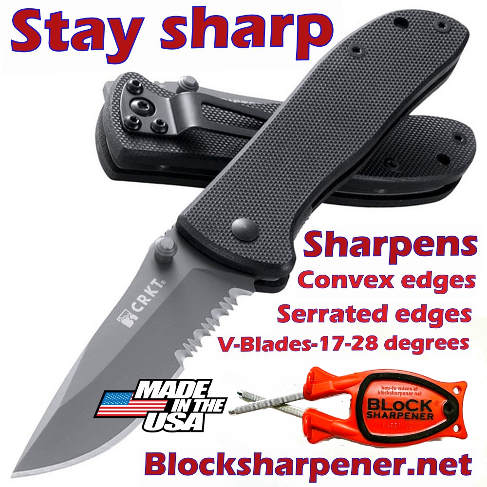 Professional chef sharpening a Benchmade knife with Block Sharpener)
