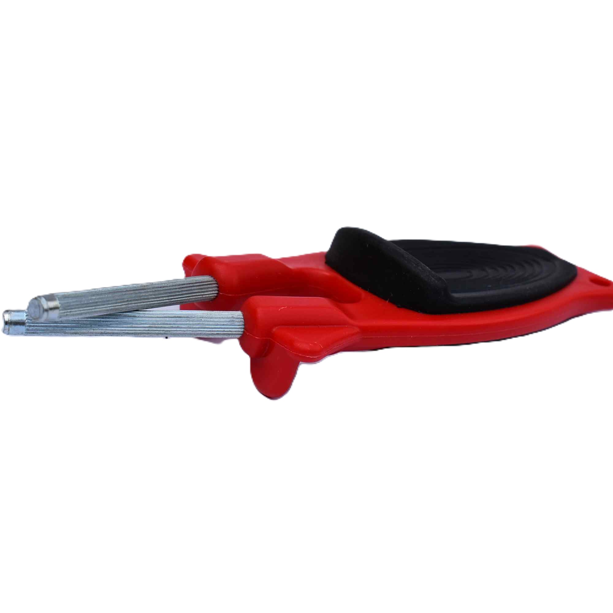 Handheld red and black Block knife sharpener for kitchen cutlery and outdoor knives, showing the patented non-slip handle grip on a clean white background.