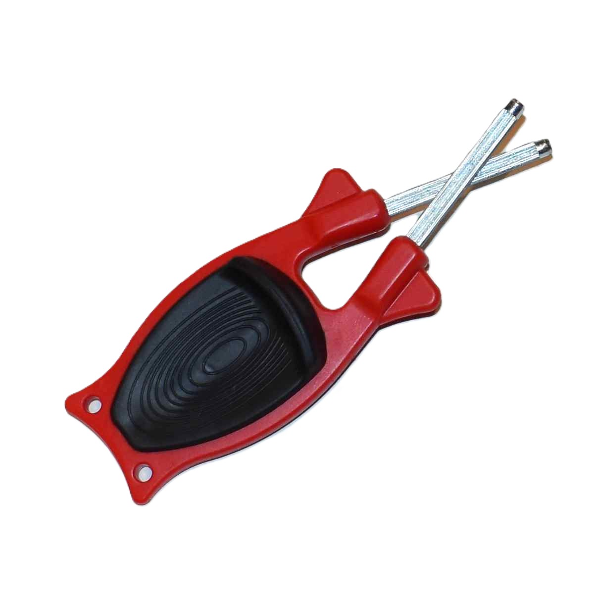 Handheld red and black Block knife sharpener for kitchen cutlery and outdoor knives, showing the patented non-slip handle grip on a clean white background.
