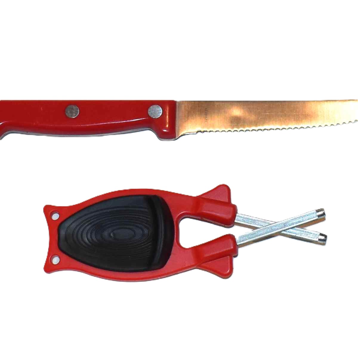 Handheld red and black Block knife sharpener for kitchen cutlery and outdoor knives, showing the patented non-slip handle grip on a clean white background with red steak knife