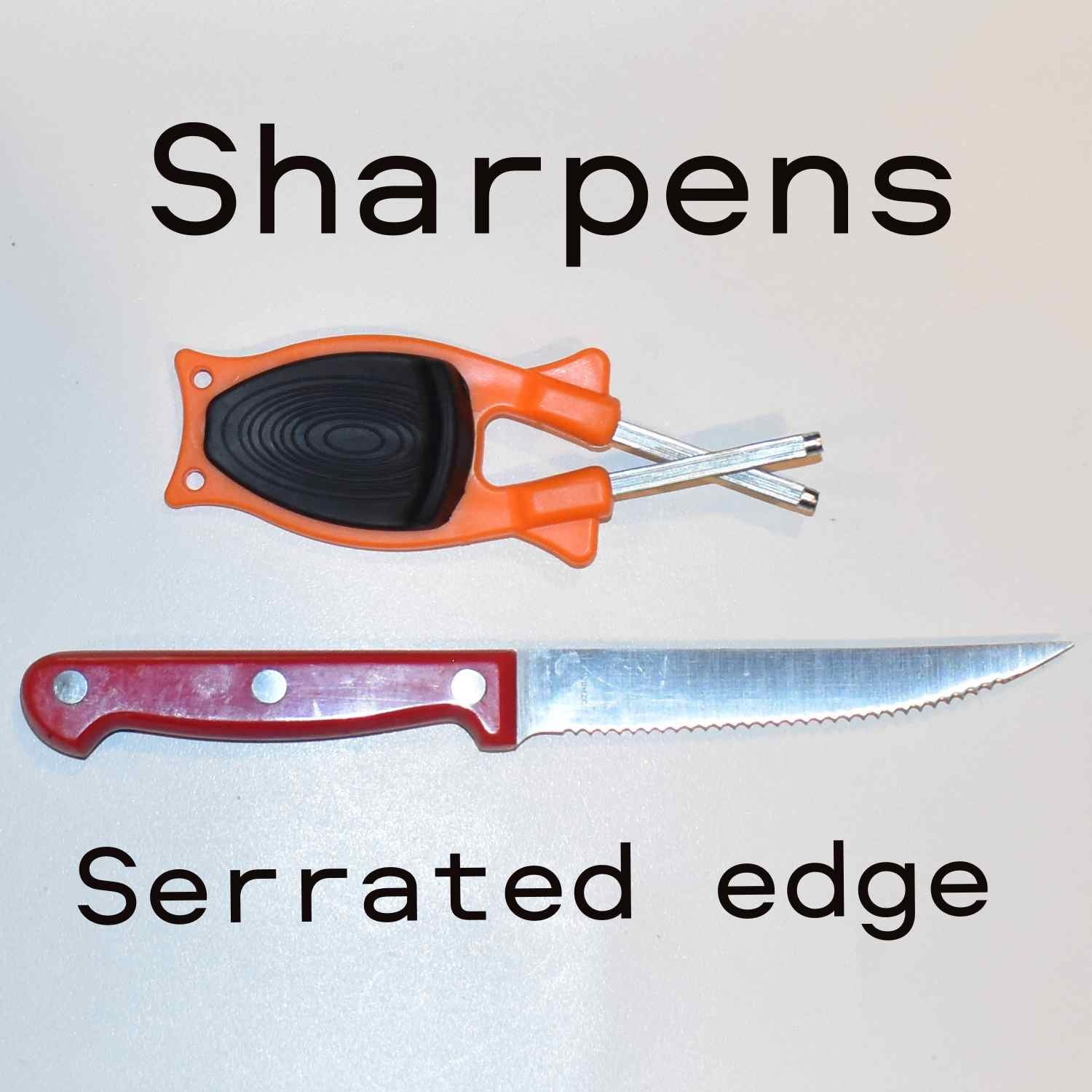 Orange with Black grip Block sharpener with red steak knife that has serrated edge