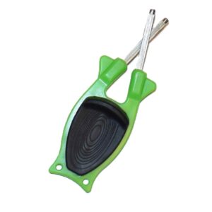 Green with Black grip Block Knife Sharpener being used to sharpen a professional kitchen chef knife.
