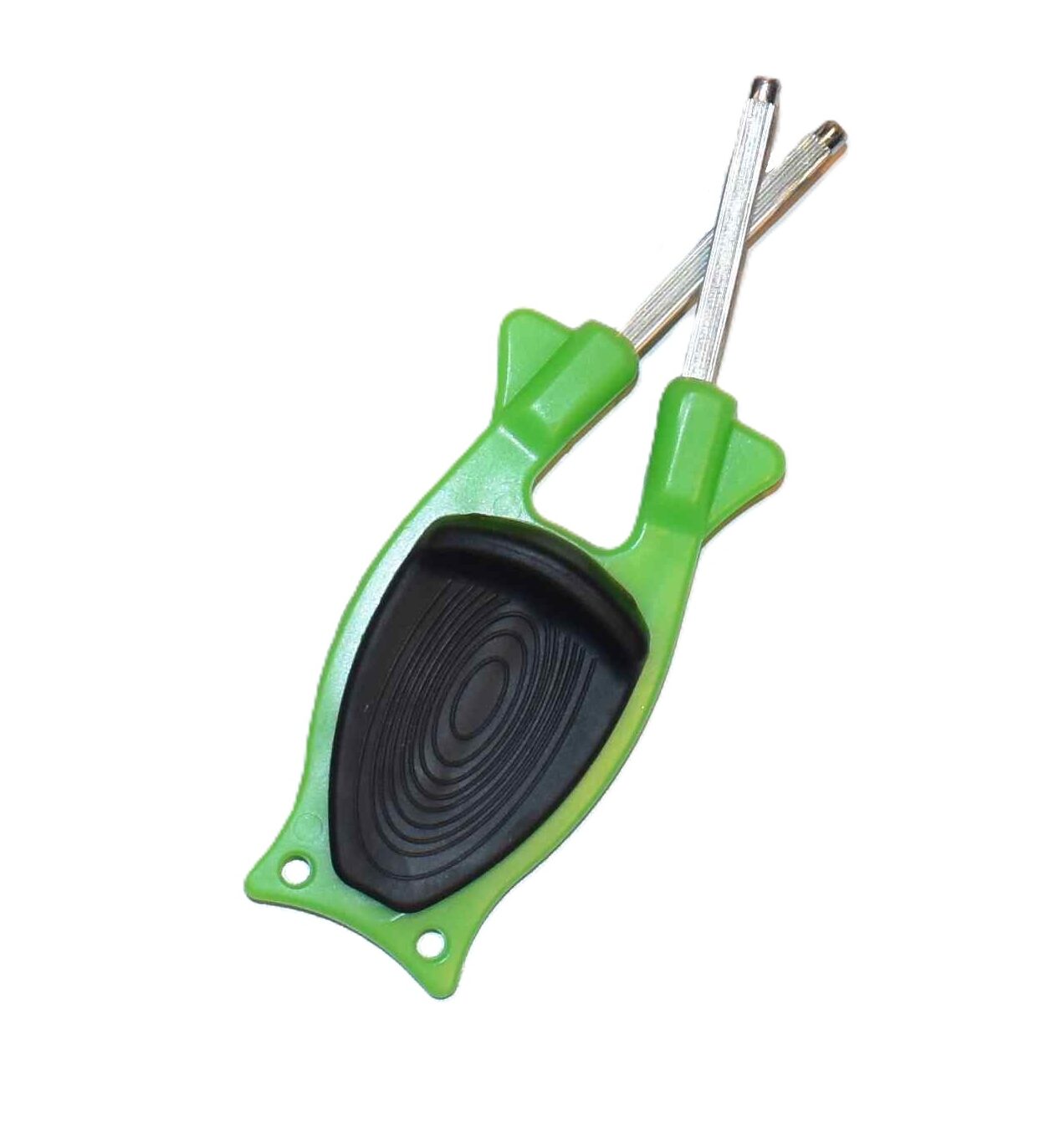 Green with Black grip Block Knife Sharpener being used to sharpen a professional kitchen chef knife.
