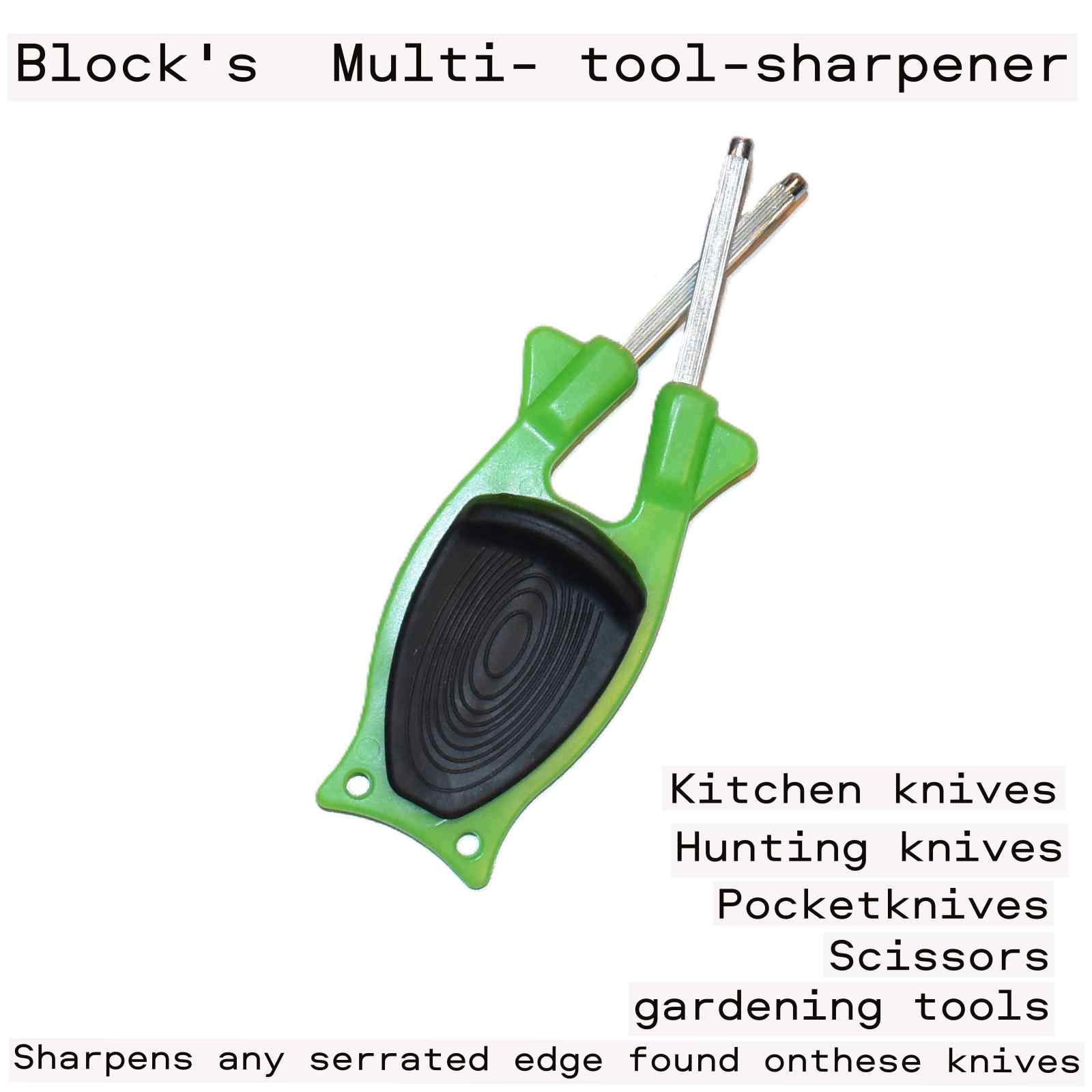Close-up view of the Black non-slip safety grip and premium D2 steel sharpening rods on the green Block knife sharpener.