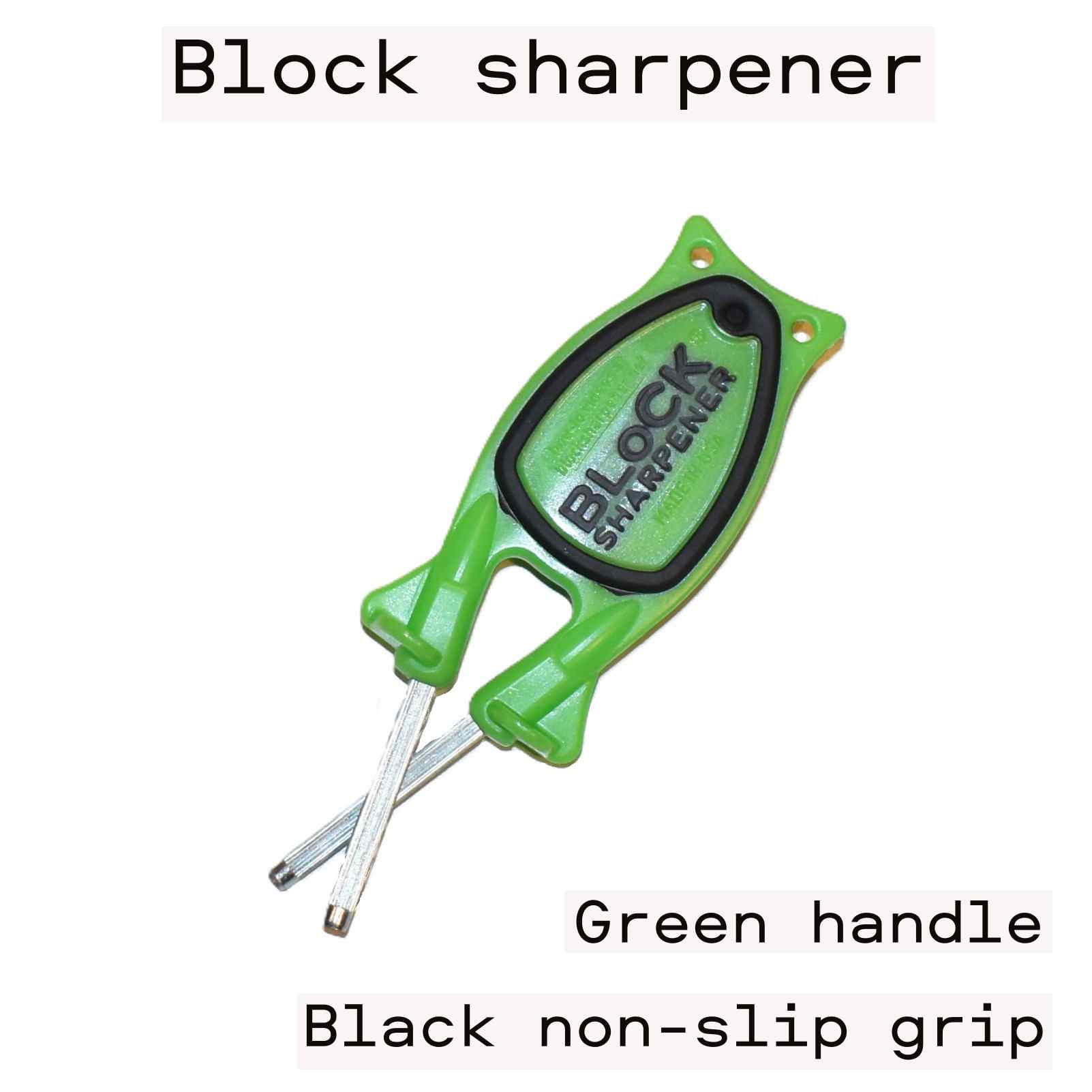 Green Block sharpener with Black grip and two honing steels in the handle