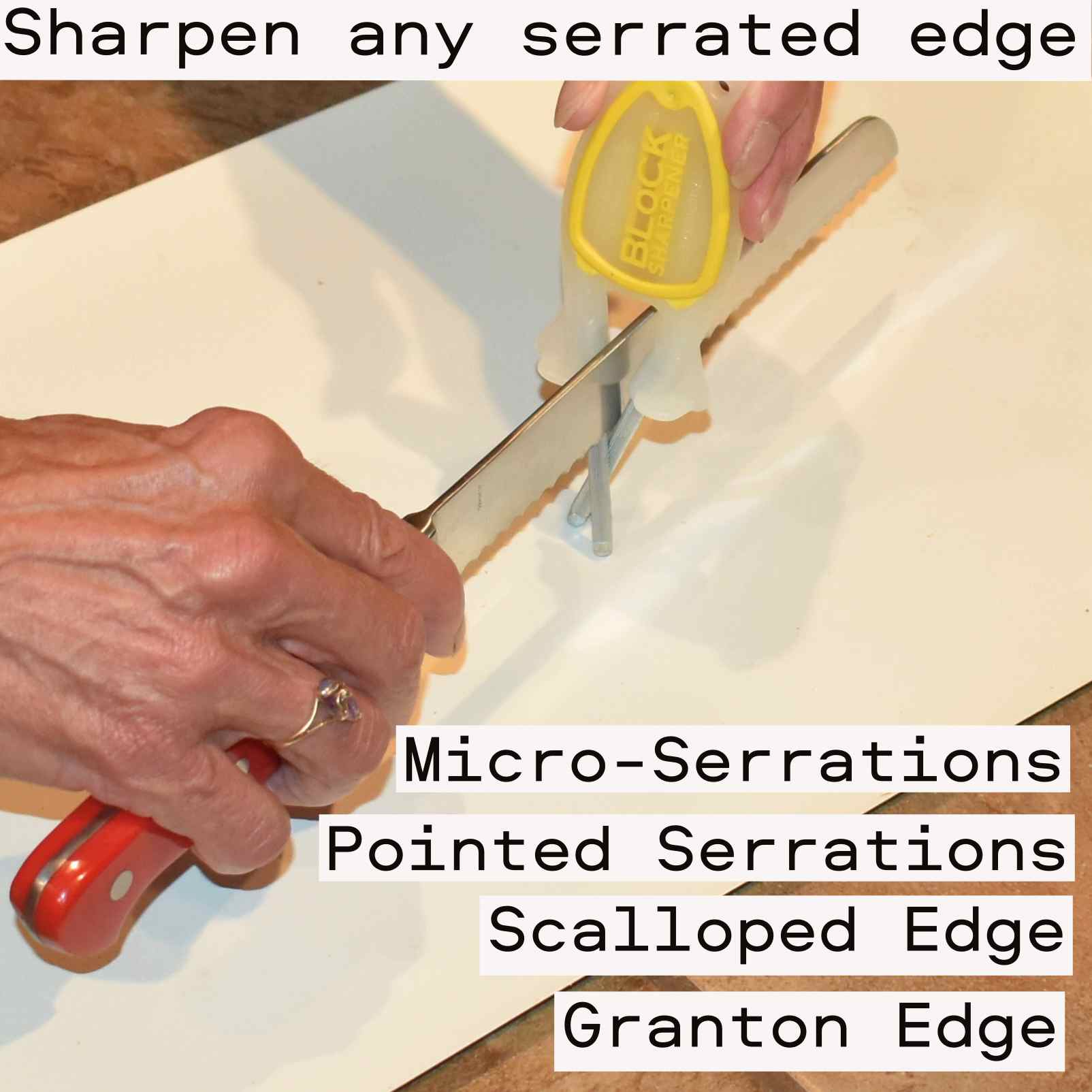 Serrated edge bread knife being sharpen on a Glow in the dark outdoorsman sharpener