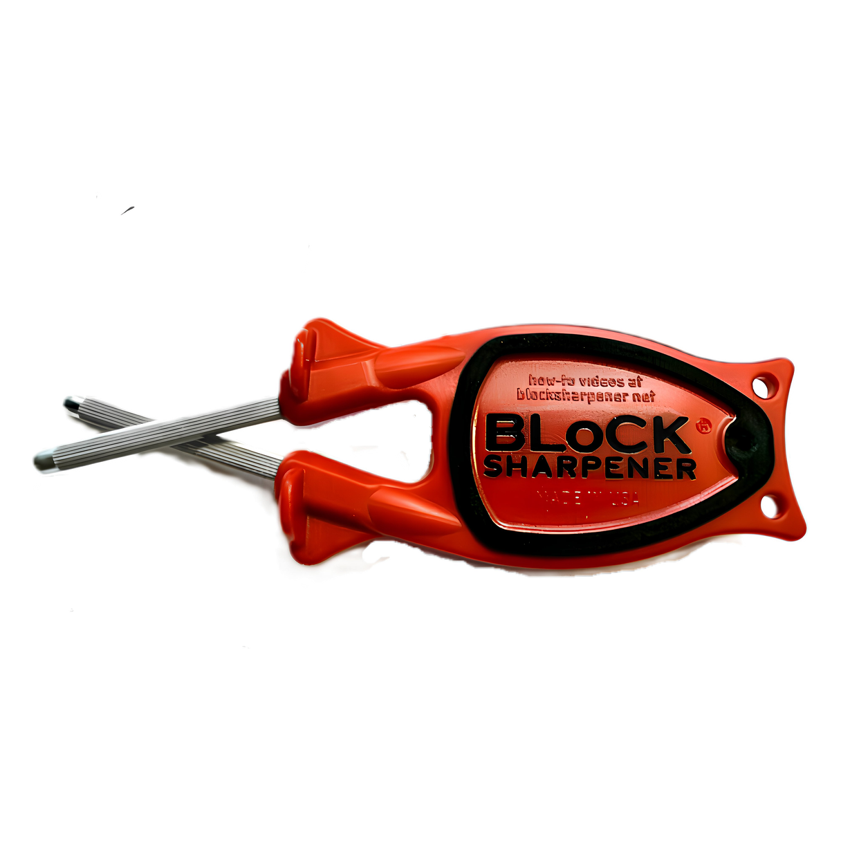 Handheld red and black Block knife sharpener for kitchen cutlery and outdoor knives, showing the patented non-slip handle grip on a clean white background.