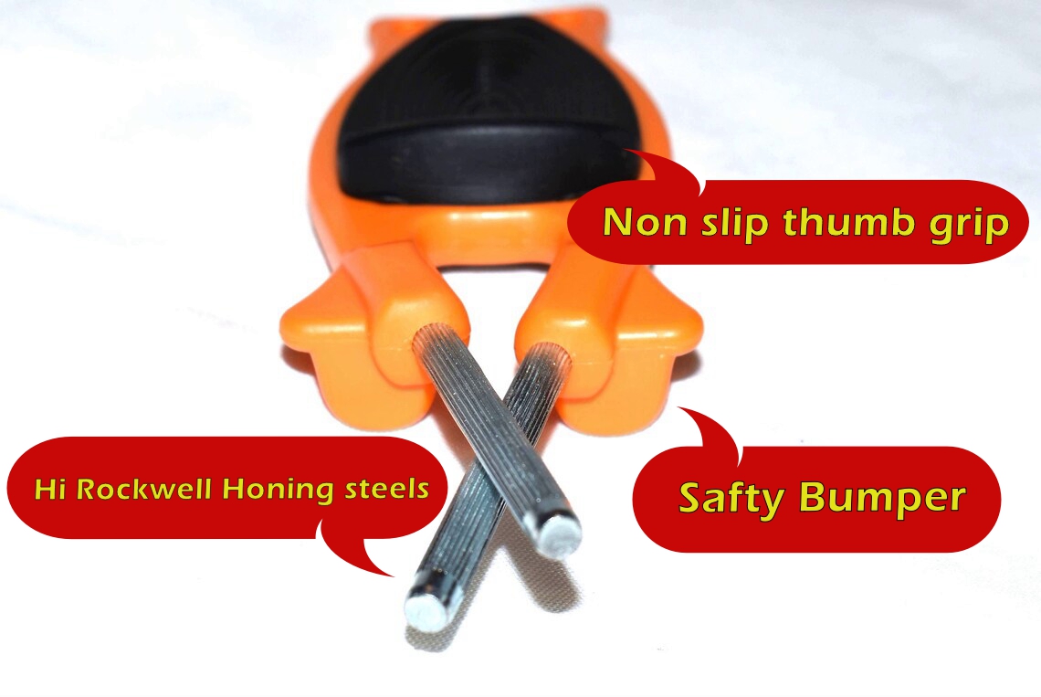 Orange block sharpener with a black grip, showing a front view of two D-2 silver honing steels extending out the front.