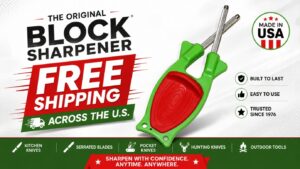 Information add, says Free shipping with a green with red grip Block sharpener image.