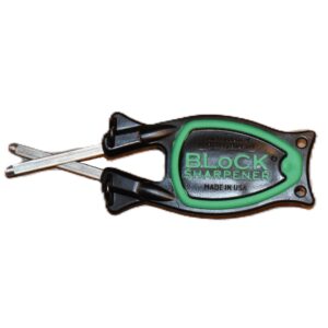 Block knife sharpener 2026 model featuring a tactical black handle with a high-visibility green non-slip thumb grip and heat-treated D2 steel sharpening rods isolated on a pure white background.