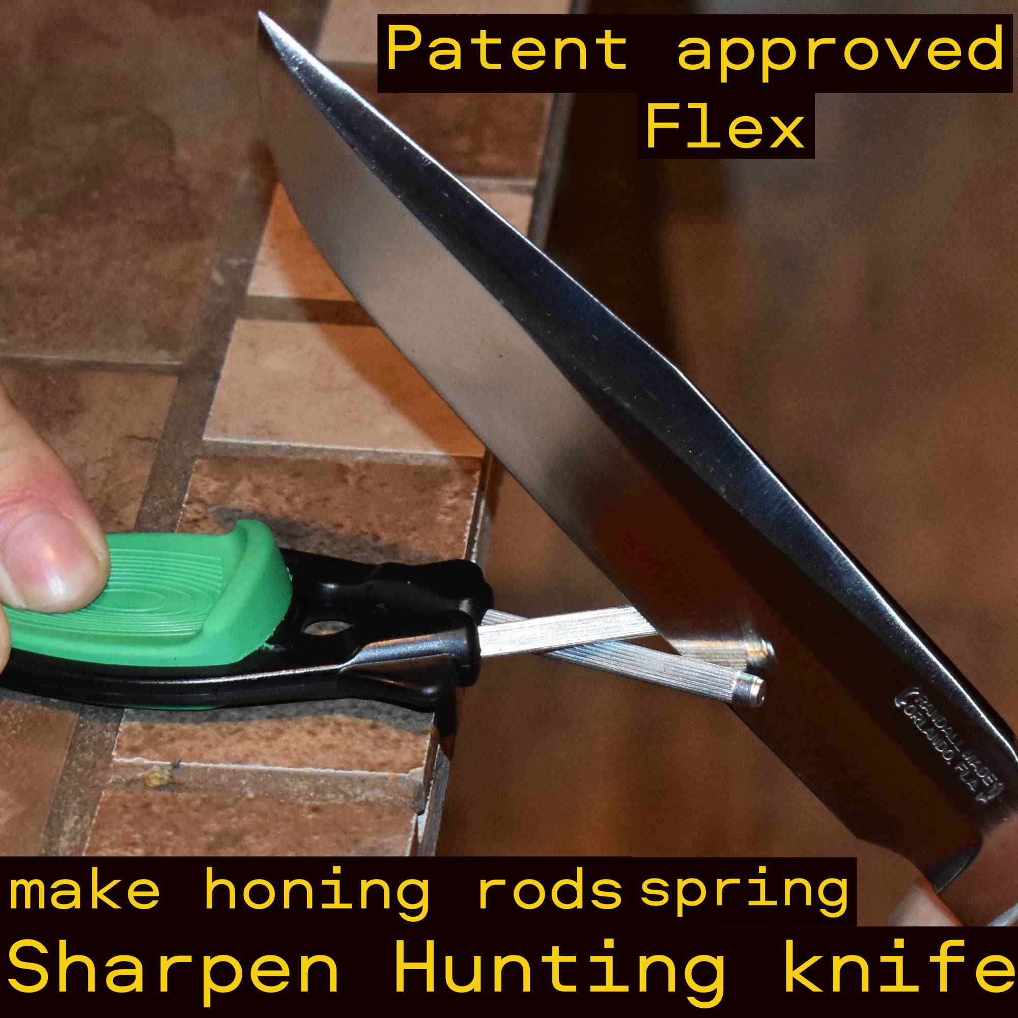 Block manual handheld knife sharpener placed next to premium high-hardness Randall hunting Easily hones high-hardness super-steels Maxamet, Rex 121, ZDP-189.