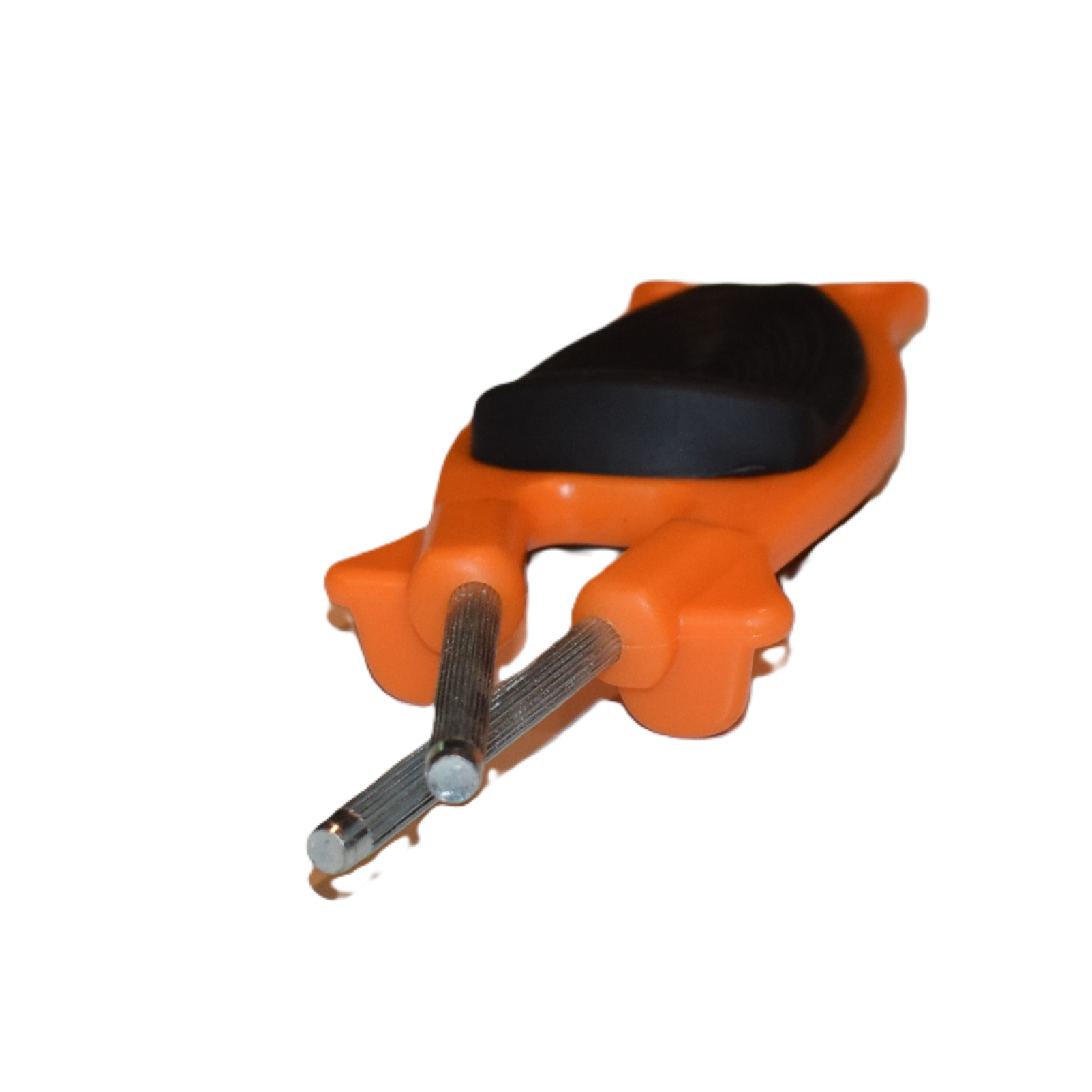 Close up of the adjustable flex rods on an orange Block Sharpener aligning to a blade edge.