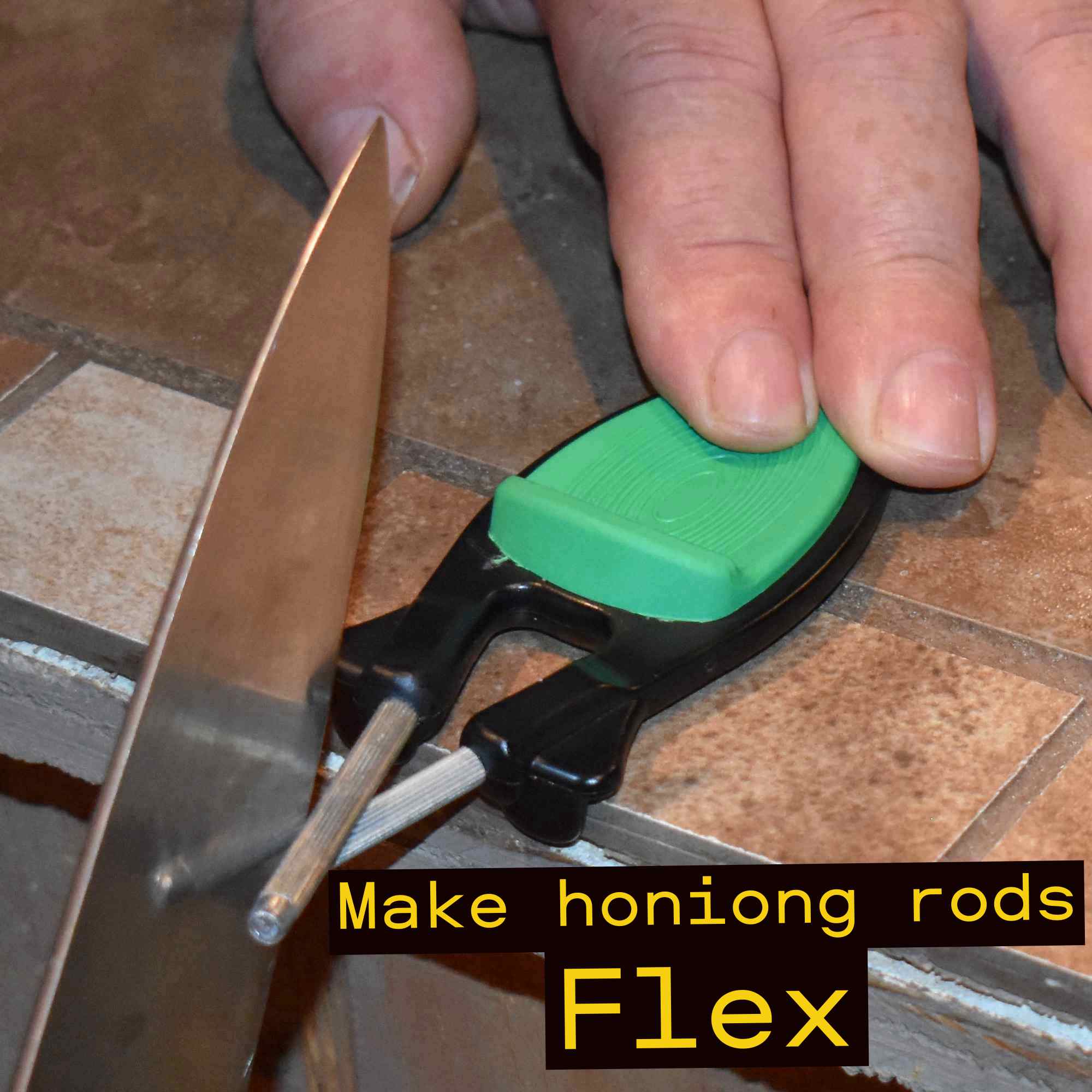 Action diagram showing the patented flexible handle of the Block knife sharpener automatically flexing to match a blade's exact factory bevel edge between 17 and 28 degrees.