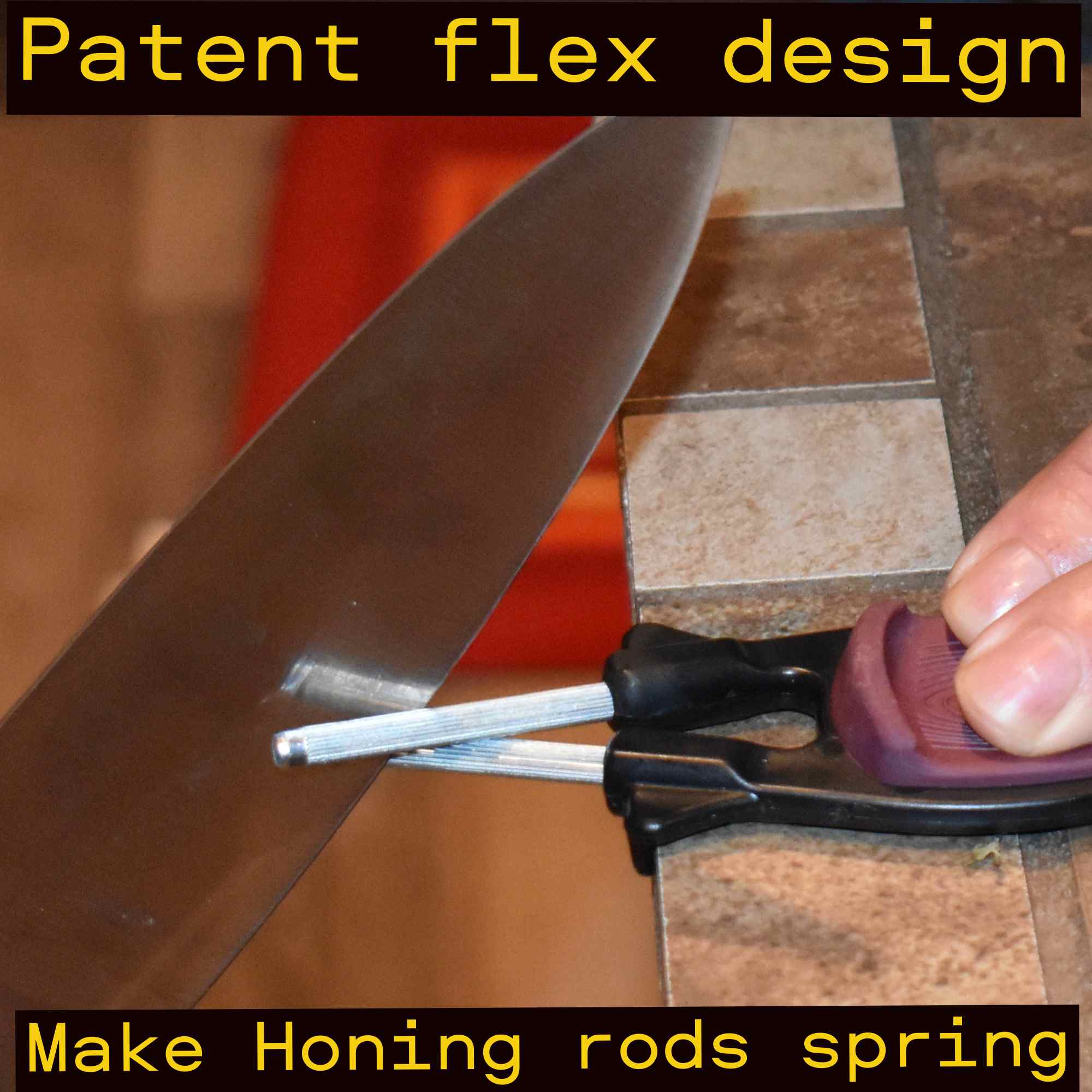 Handheld kitchen knife sharpener realigning a professional chef knife blade