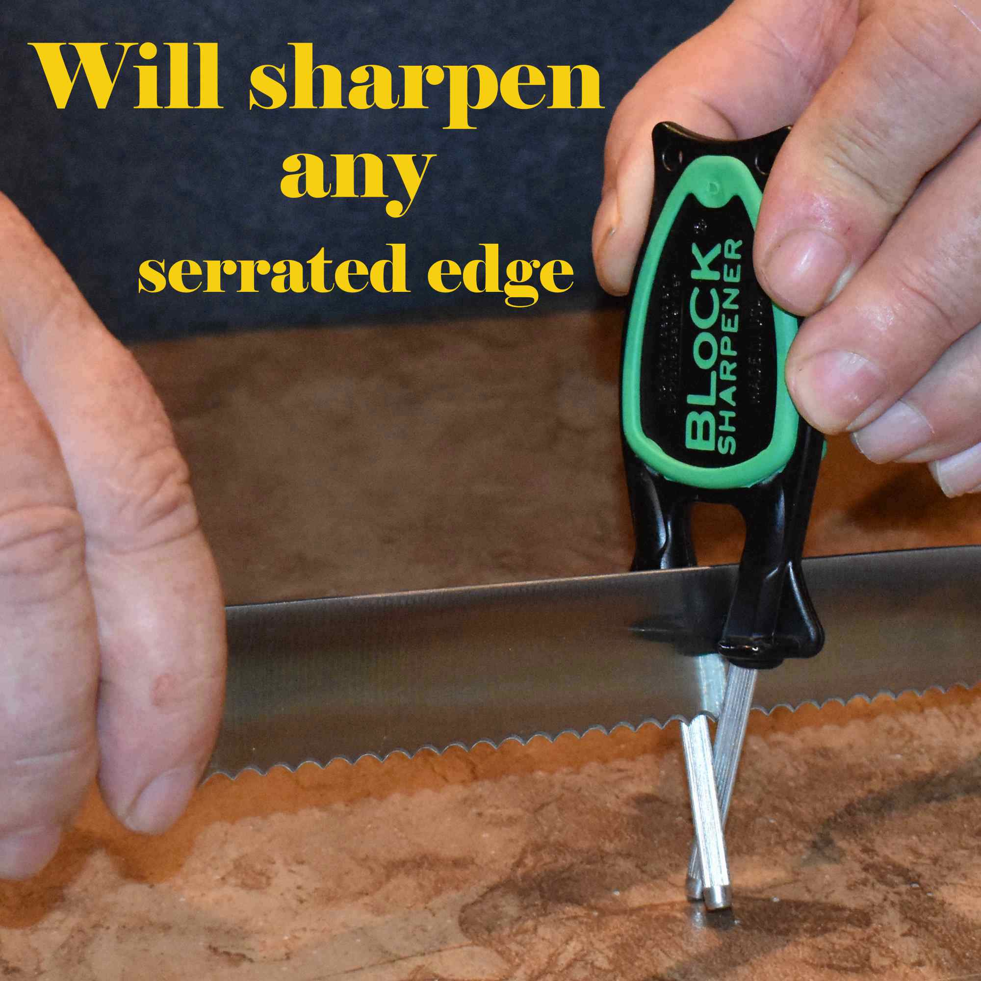 Close-up infographic demonstrating the Block sharpener honing a scalloped serrated bread knife.