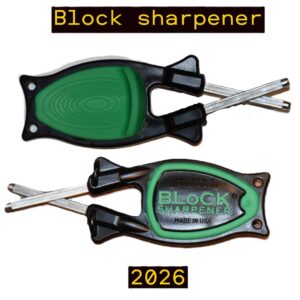 Macro close-up view of the 2026 Block sharpener handle with arrows pointing to the top green non-slip thumb grip and the bottom rubberized base safety grip.