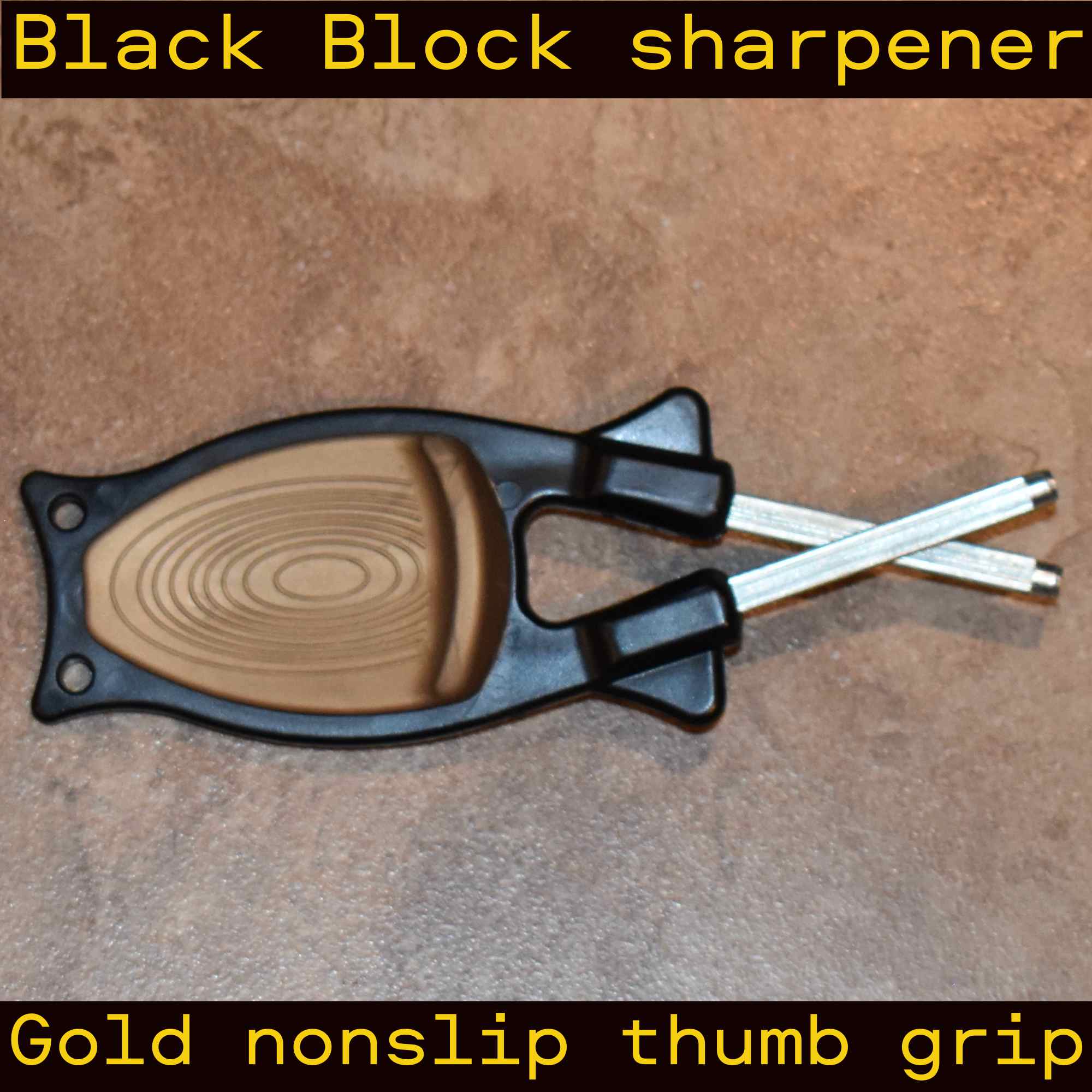 Black with Gold nonslip thumb grip on a Block knife sharpener.