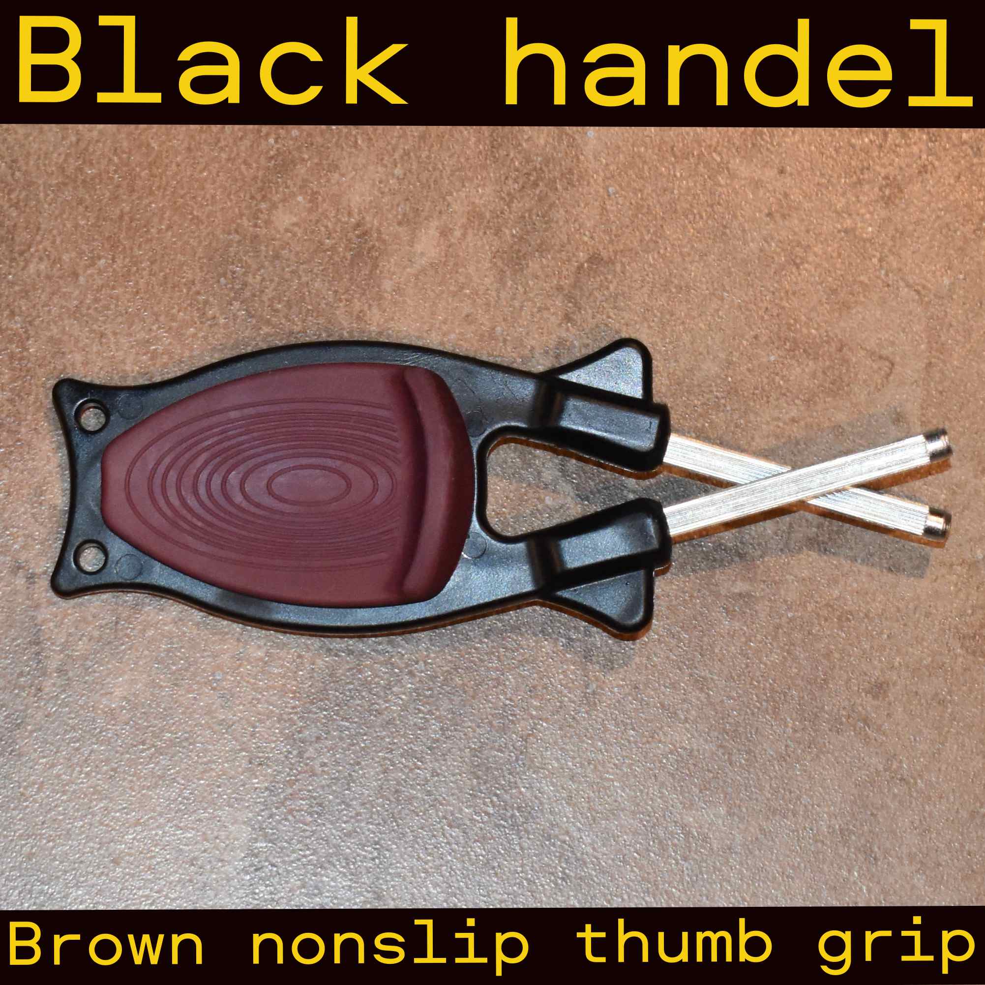 Close up of the patented brown non slip thumb grip and safety guard on the black Block knife sharpener